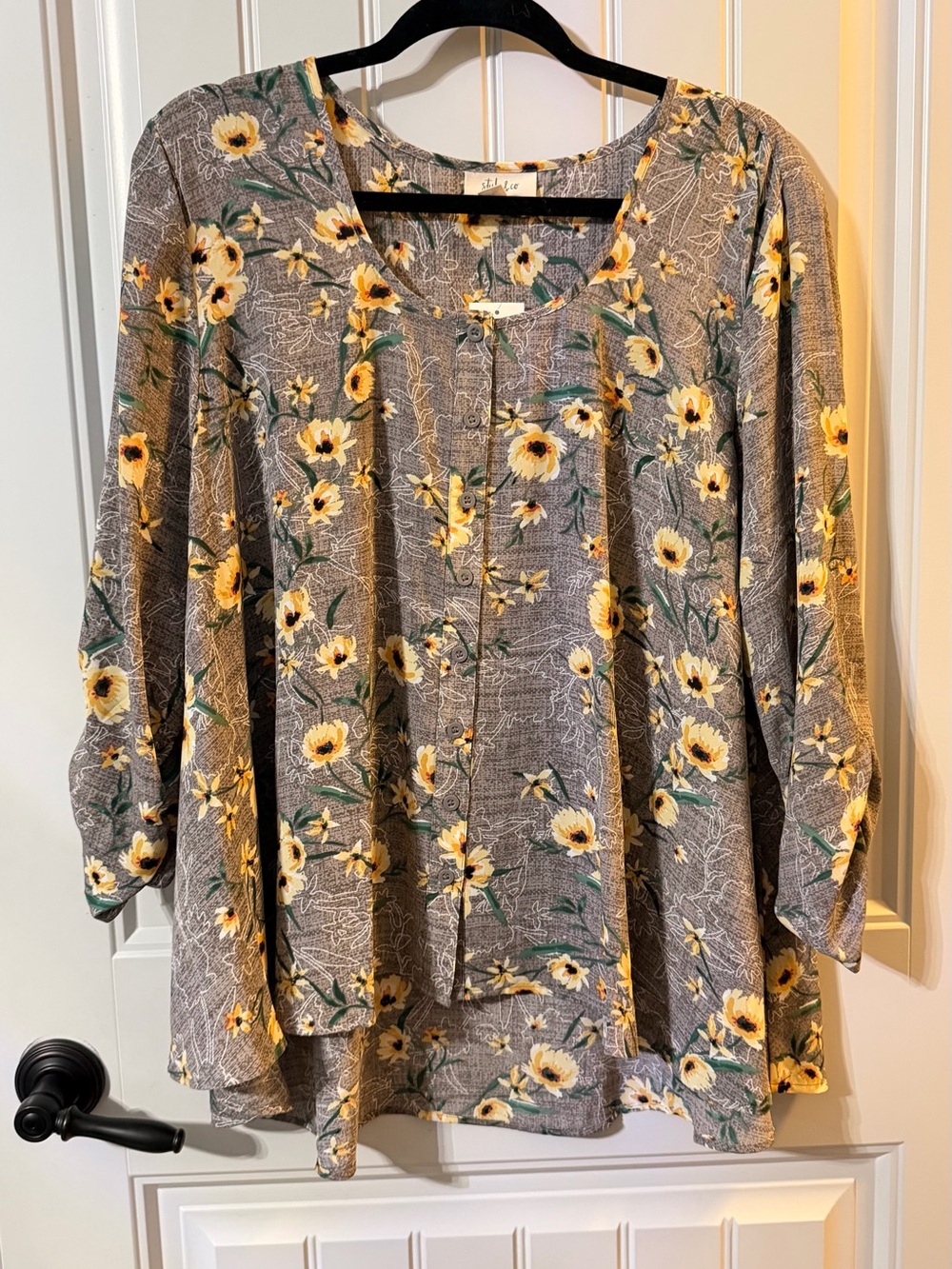 Style & Co. Gray Floral Button-Front Blouse with Yellow Blooms